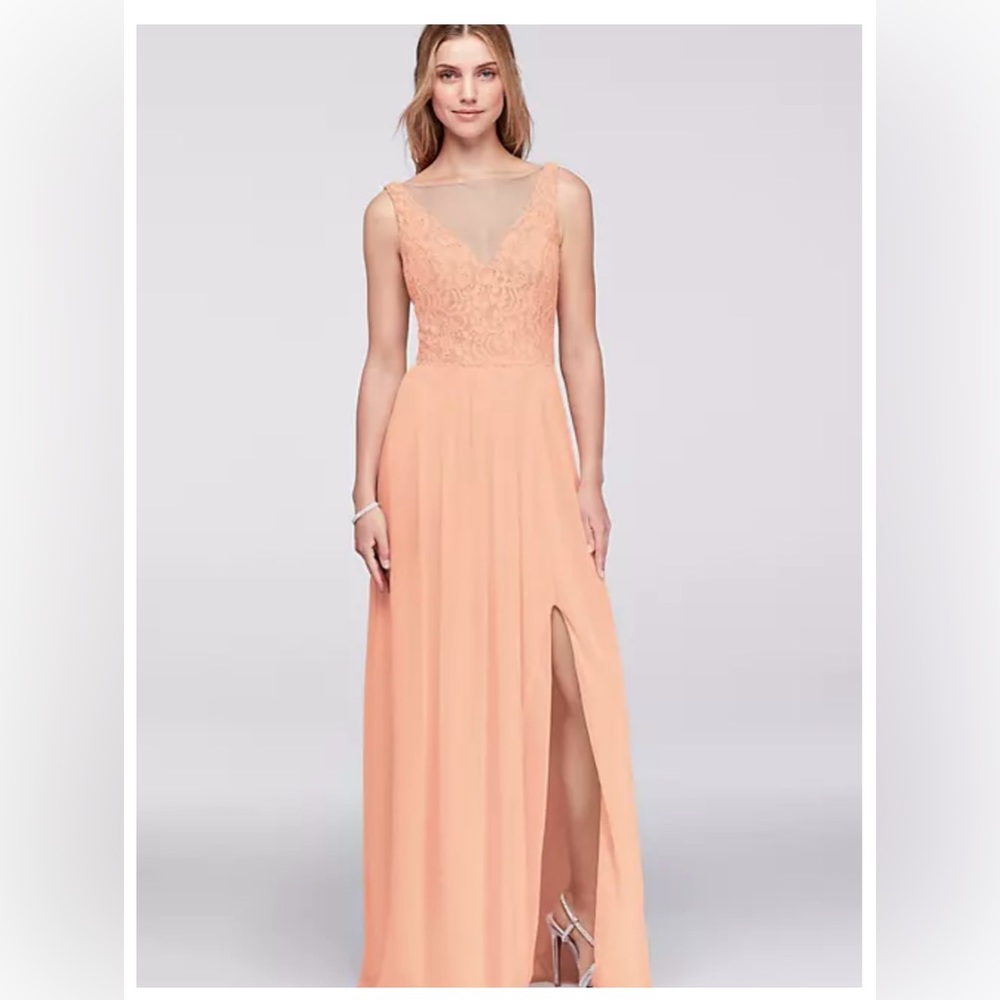 David’s Bridal Long Mesh Floral Peach Bellini Maxi Bridesmaids Gown